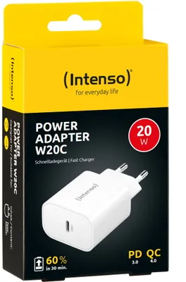Produktbild von Intenso Power Adapter W20C, 20W, USB-C Anschluss, weiß, Drinnen, AC, 12 V, Weiß