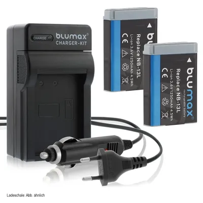 Produktbild von 2x Akku + Lader für Canon NB-13L PowerShot SX730HS, SX740HS 1250 mAh (3,6V)