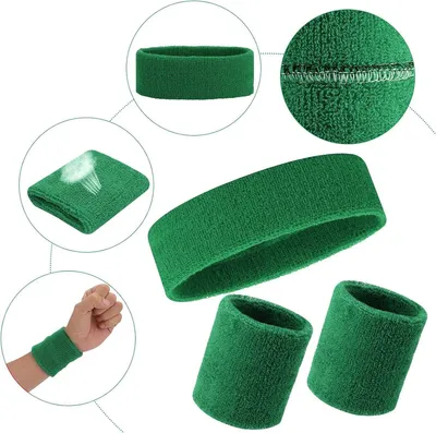 Obrázok produktu pre CHPN – Súprava zelených potítok – čelenka a náramky – súprava potítok – súprava – náramky – potítka – 3-dielna – froté – elastické – športové náramky – športové príslušenstvo – zelená