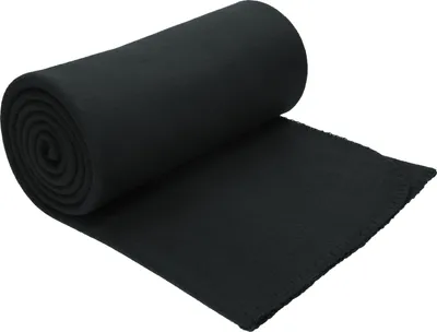 A rolled-up black fleece blanket is shown on a white background.