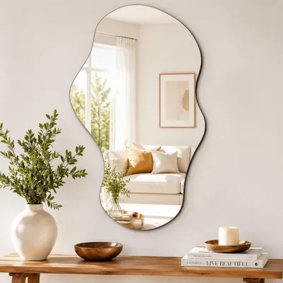 Image de Miroir mural asymétrique, 109 x 61 cm, sans cadre, en verre HD, design moderne et décoratif