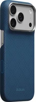 Produktbild von Aramid Handyhülle für iPhone 18 Pro / 17 Pro, PITAKA Edge Ultra-Slim Case PitaTap mit MagSafe, Blau mit Rautenmuster