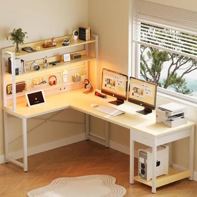 Productafbeelding van Hoekbureau met Opbergruimte - Bureau met Plank - Thuiswerken en Gamen - Geïntegreerde LED Verlichting - 155 x 100 cm