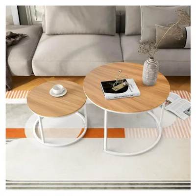 Produktbild von Runder Couchtisch im 2er Set für das Wohnzimmer (Weiß und Eiche)