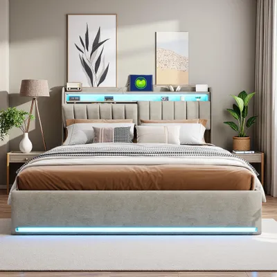 A bedroom scene featuring a modern bed with integrated LED lighting.