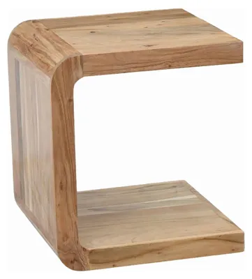 Beistelltisch C-Form Akazie Massivholz in Gesamtansicht mit gerundeten Kanten und zwei Ablageflächen.