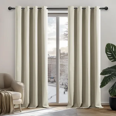 Image de Rideau occultant à œillets, rideau thermique, protection contre le froid, chambre à coucher, occultation, 300x140 cm, beige clair, lot de 2