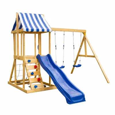 Obrázok produktu pre GINGER HOME 4-v-1 drevená súprava na hranie vonku – šmykľavka (1,8 m), 2 hojdačky, húpačka a lezecká sieť, rozmery 308 × 318 × 244 cm