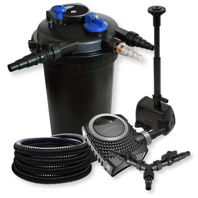 Immagine prodotto di Set completo SunSun: filtro a pressione per laghetti CPF-15000 fino a 30000 L con chiarificatore UV-C da 18 watt, pompa per laghetti CTF-8000 da 8000l/h 70W, tubo per laghetti da 25m 25 mm, pompa per fontane HJ-943 da 800l/h 16W, distributore a Y