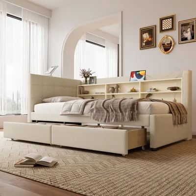 Produktbild von Daybett, 90*200cm, Tagesbett, Schlafsofa, mit 2 Schubladen, USB + Typ C, mehreren Ablagefächern, Bett mit Lattenrost (ohne Matratze), Leinen, beige