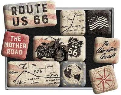 Produktbild von Retro Kühlschrankmagnete 9er Set Route 66 Bike Map Geschenkidee USA Fans Vintage
