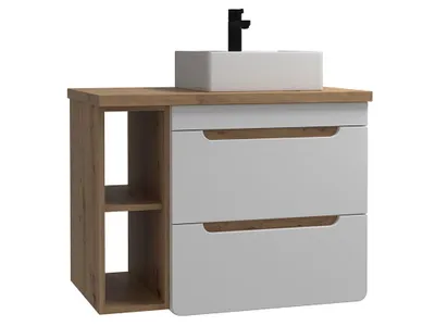 Produktbild von Waschbeckenunterschrank hängend mit Einzelwaschbecken & Ablagen - 80 cm - Naturfarben & Weiß - ARUBA