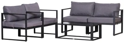 Image de Ensemble de mobilier de jardin Outsunny en rotin, 4 pièces, en aluminium, salon d'extérieur modulable, avec table basse, espace de rangement et coussins épais, gris