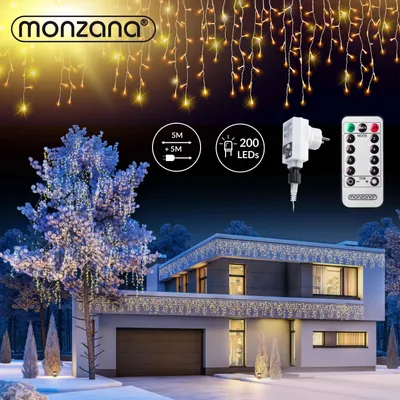 Zdjęcie produktu dla MONZANA® Wróżki 200 LED 10m zdalne sterowanie 8 trybów świecenia IP44 wewnętrzny zewnętrzny deszczowy łańcuch świetlny lodowy deszcz ciepłe białe lampki choinkowe