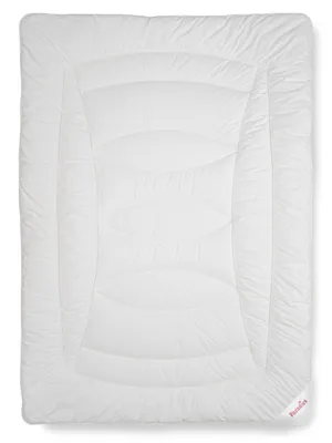 A white comforter laid flat on a white background.