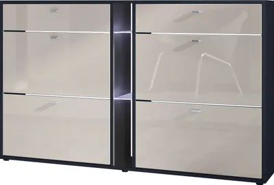 Produktbild von Vladon Schuhschrank Schuhkipper Today 155,5 x 95 x 28 cm, mit weißer LED Beleuchtung, Germany, Korpus in Schwarz matt, Fronten in Sandgrau Hochglanz