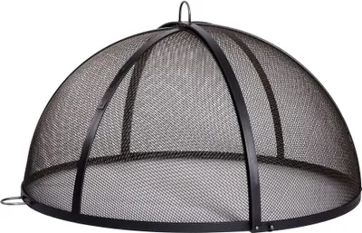 A black mesh fire pit cover with a dome shape and metal frame, shown against a white background.