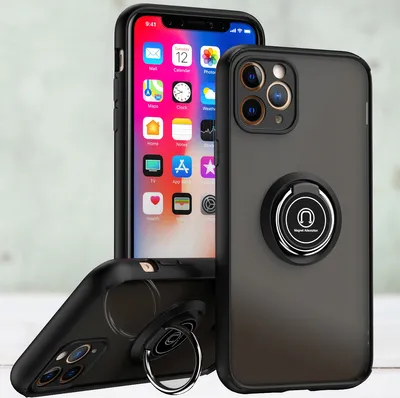 Produktbild von iPhone 11 Pro Max Hülle, Ring Halter Ständer Matte Transluzent TPU Rahmen Stoßfest Schutzhülle für iPhone 11 Pro Max Schwarz