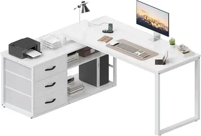 Produktbild von Schreibtisch l Form mit 3 Schubladen&Stauraum, 140 x 105 x 75 cm Reversible Eckschreibtisch, L-förmiger Schreibtisch mit 2 USB-Ladeanschlüssen und 2 Steckdosen, Weiß