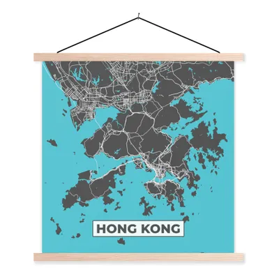 Produktbild von MuchoWow® Textilposter Hongkong - Blau - Karte - Stadtplan 120x120 cm mit holzfarbenen Rahmen - Textil-Poster