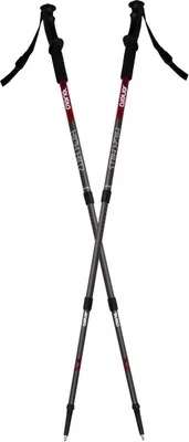 Two trekking poles crossed against a white background.