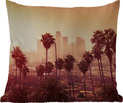 Produktbild von MuchoWow® Outdoor Kissen - Palme - Skyline - Sonnenuntergang - Architektur - 45x45 cm - Wetterfest - Lounge Kissen - Fotokissen - Dekoratives Kissen