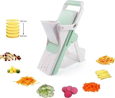 A multi-purpose vegetable slicer with various chopped vegetables arranged around it, and a diagram showing slice thickness.