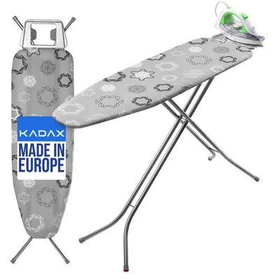 A folding ironing board with an iron on top, shown against a white background.