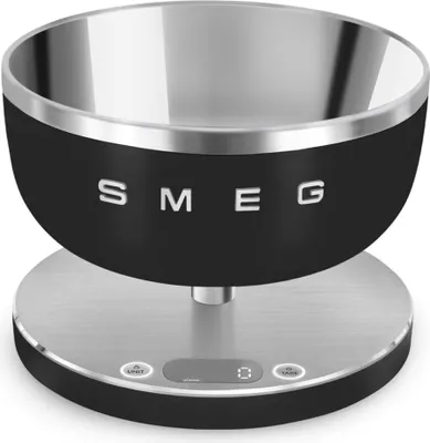 A black and silver kitchen scale with a bowl on top, shown from a diagonal angle.
