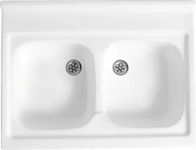 A top-down view of a white double basin kitchen sink with two drains.