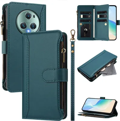 Image de Etui pour Honor Magic5 Pro, zippé, étui portefeuille en cuirPolyuréthaneavec pochettes pour cartes, support et dragonne, vert