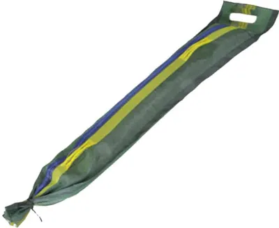 A green bag with blue and yellow stripes, tied at one end and with a handle at the other.