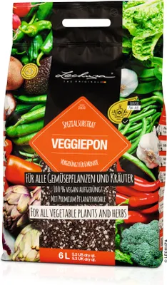 Produktbild von LECHUZA-Pflanzsubstrat VEGGIEPON 6 Liter | Substrat für Gemüse, Kräuter und Obst | vorgedüngt, vegan und torffrei | 19591