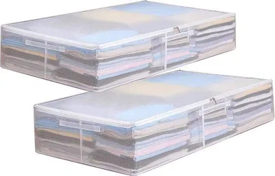 Produktbild von Unyqoos® 2er Set faltbare Unterbett-Aufbewahrungstaschen – Weiß mit transparentem Sichtfenster, 80 x 47 x 15 cm, dreilagiges PVC, verstärkter Tragegriff