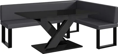 Produktbild von MEBLINI Eckbank für Esszimmer mit ausziehbarem Tisch  - Küchenbank - Essecke - Sitzecke Küche - TONI - U-Beine 142x196x87cm Rechts - Grau Kunstleder/B Schwarz Hochgl.