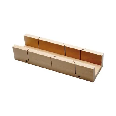 A wooden miter box is shown against a white background.