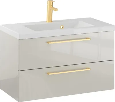 Produktbild von FURNI Waschtischunterschrank RON 80 cm - Kaschmir - Hängender Badschrank mit Mineralguss - Waschbecken - Griffe Gold gebürstet - Vormontiert