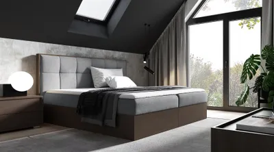 Produktbild von Boxspringbett Bett THANOS 120x200cm Dunkel Eiche Stoff Grau inkl. Bettkasten