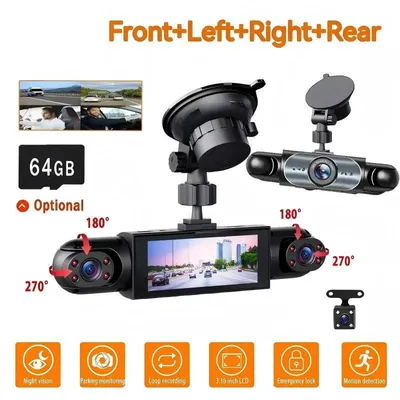 A collage of a car dashcam with various features highlighted by text and icons.