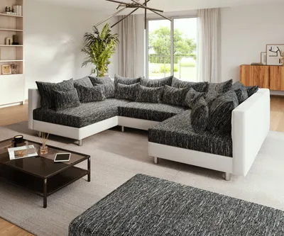 Produktbild von Couch Clovis Weiss Schwarz mit Hocker Wohnlandschaft Modulsofa