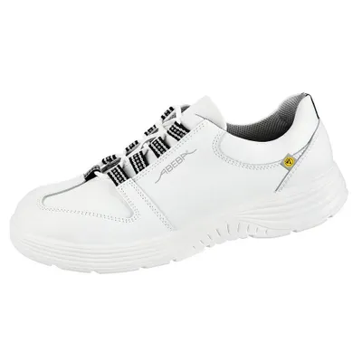 A white Abeba ESD-Berufsschuhe x-light O2 Halbschuh shoe is shown from the side against a white background.