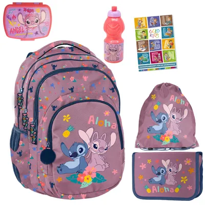 Produktbild von Schulranzen für Jungen und Mädchen, 6er-Set - Schul-Rucksack für Kinder mit Federmäppchen - Schuhbeutel Trinkflasche und Brotdose - Stitch Motiv