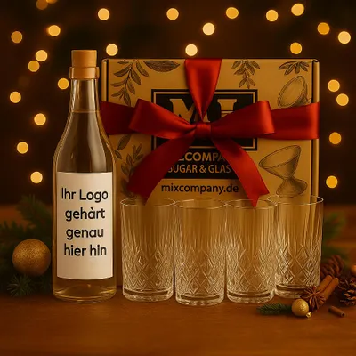 Produktbild von Individuelles Firmen-Geschenkset – Personalisierter Gin 0,7 L (40% Vol.) & 4 Kristall Longdrink Gläser in Premium Mixcompany Geschenkbox- [Enthält Sulfite]