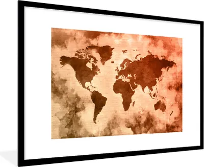 Produktbild von MuchoWow® MuchoWow® Gerahmtes Poster Weltkarte - Rot - Braun 90x60 cm - Poster mit zchwarzem Bilderrahmen - Wanddekoration - Fotos