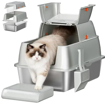 Produktbild von Edelstahl Katzenklo mit Deckel XXL, Hellgrau Geschlossene Katzentoilette, 180°Klappdeckel, Inklusive Pedal und Schaufel, 61 x 41 x 40 cm