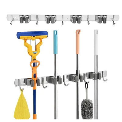 Obrázek produktu pro Držák na nářadí Maclean MC-184 pro zahradní nářadí, košťata, mopy, nástroje. Ocelový držák s háčky, rozměry 49 cm, nosnost až 20 kg