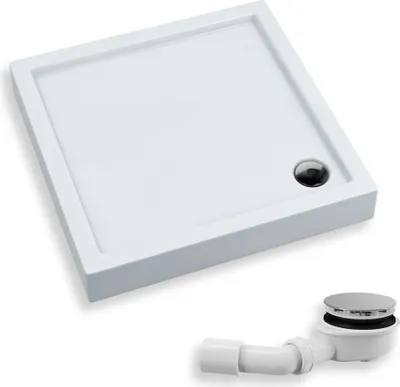 A white square shower tray with a chrome drain and a separate drain assembly shown below.