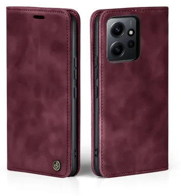 A burgundy flip case for a smartphone is shown from two angles.