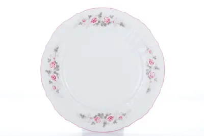 Produktbild von Thun, 1794, flache Schale, 30 cm Durchmesser, Dekor "Bernadotte", Rosetten mit rosa Akzenten, Marke: Thun