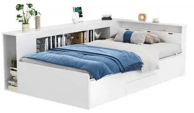 Zdjęcie produktu dla Łóżeczko dla dziecka 90x200 cm, białe, wykonane z MDF, wielofunkcyjne łóżeczko z miejscem do przechowywania, szufladami i stelażem, idealne do pokoju dziecięcego